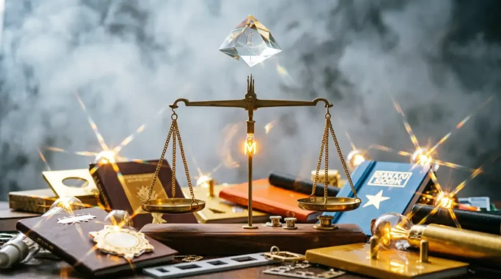 Balance scale surrounded by glowing bonus objects with weak central filament (AI-generated illustration)