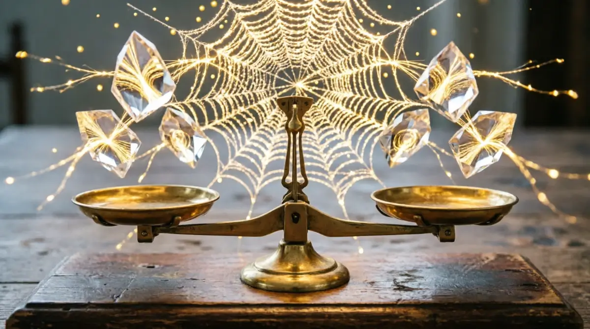 Balance scale network with branching golden filament web and multiple prisms (AI-generated illustration)