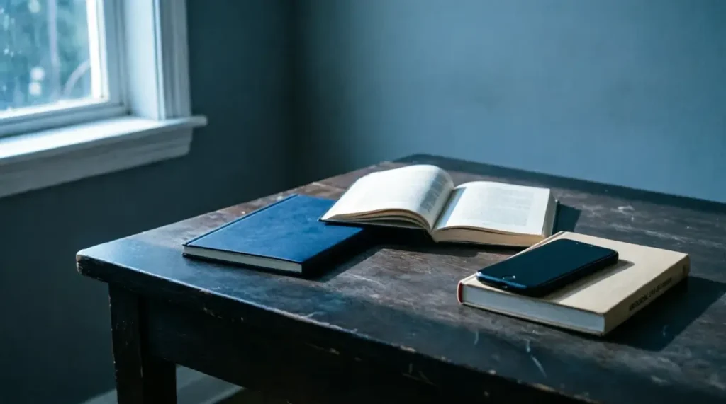 Closed blue notebook, open book, and smartphone on beige book scattered on dark wooden table under cool moonlight(AI-generated illustration)