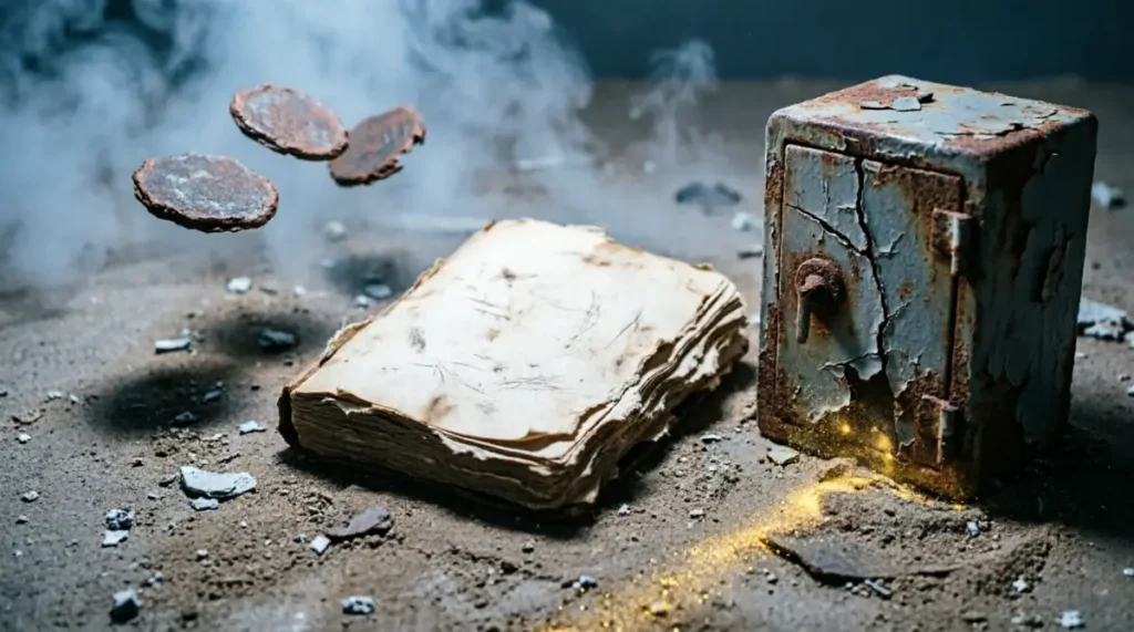 Scattered iron coins floating, torn leather ledger, cracked rusty vault (AI-generated illustration)
