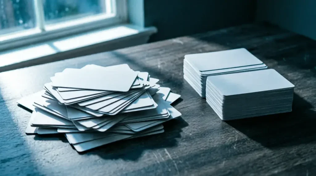 The Simplest Way to Review Vocabulary Without Burnout 2 Scattered flashcards versus neat forty-card stack, cool moonlight, wooden surface, visual chaos to order (AI-generated illustration)