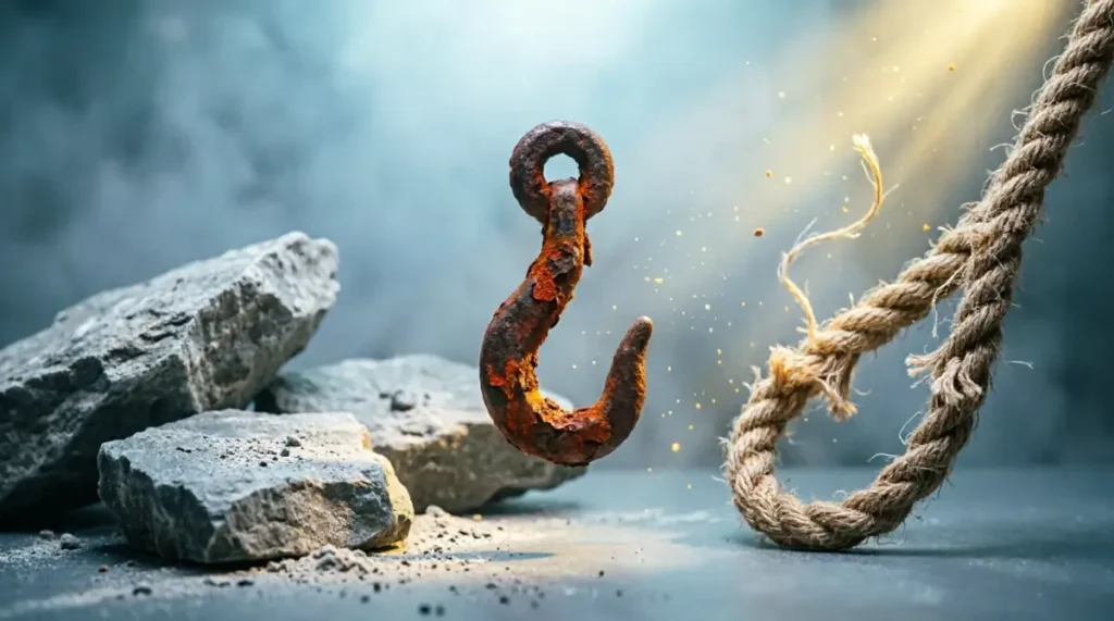 Scattered ledger stones, rusted iron hook, frayed woven cord, faint golden light struggling at 60 (AI-generated illustration)