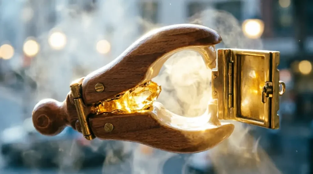 Golden-seam clamp, seamless hinge, open shutter with golden light showing identity expansion for breaking limits (AI-generated illustration)