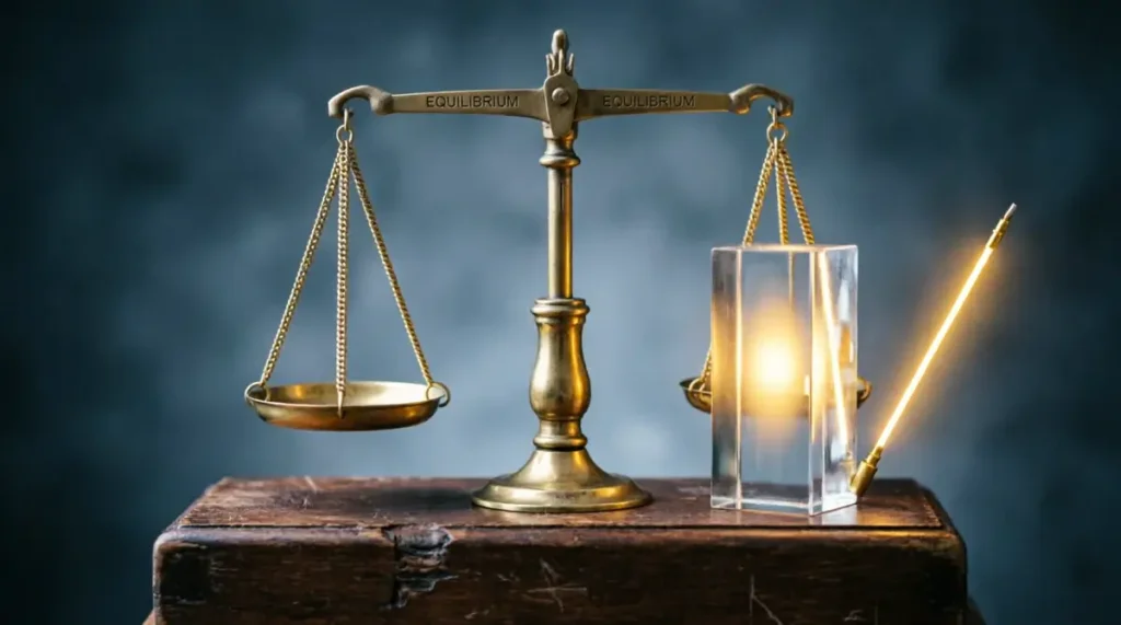 Self-balancing brass scale with steady golden filament and internal prism glow (AI-generated illustration)
