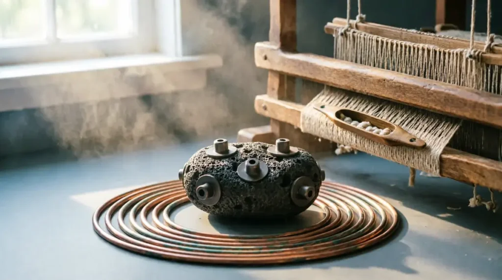 Wooden loom self-weaving threads, porous stone multiple attachments, steady copper spiral coil(AI-generated illustration)