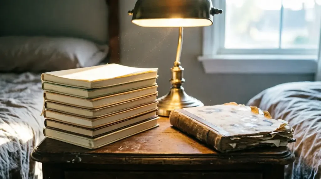 Tall stack of books and worn leather book on wooden nightstand beside brass lamp, bed and window with soft morning light(AI-generated illustration)