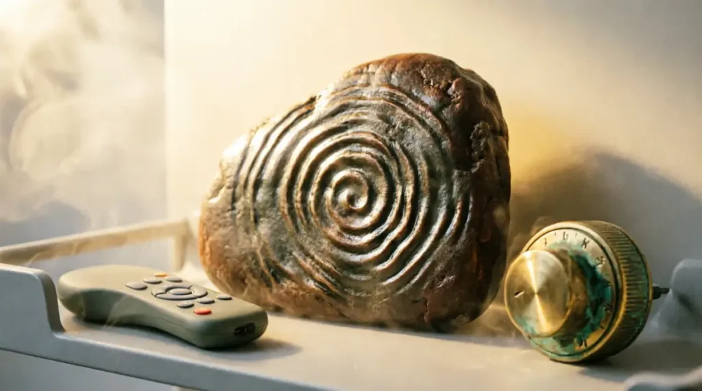 Shower caddy holding phone, brass speed dial beside it, resonance stone catching reflection ripples on tiles