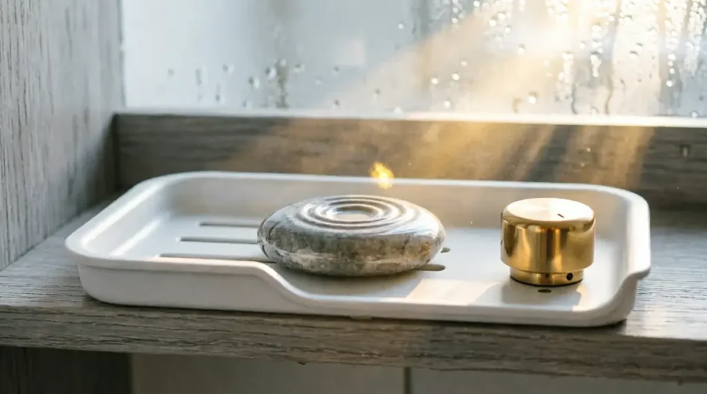 Thick steam enveloping shower caddy with phone, suspended water droplets above resonance stone catching sound waves