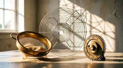 Brass sifting pan with sand, spiral wire frame, gear dial slow work exposes truth (AI-generated illustration)