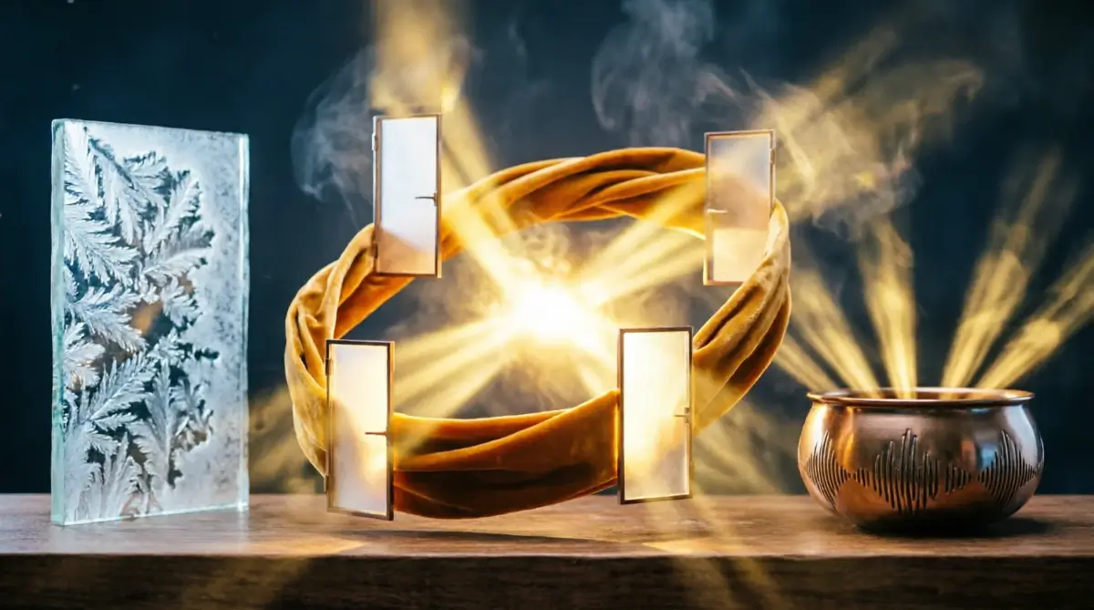 Silk ribbon with golden doors, glass slate with expanding grooves, bronze bowl with beams (AI-generated illustration)