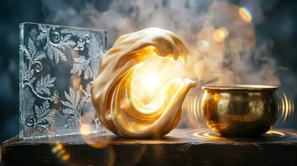 Silk ribbon with eternal flow, glass slate with grooves, bronze bowl with resonance (AI-generated illustration)