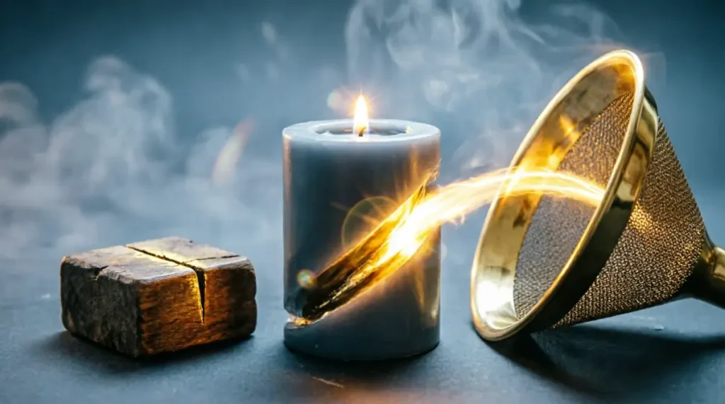 Wax cylinder with single deep glowing golden groove, split wooden block, brass funnel with brilliant light beam (AI-generated illustration)