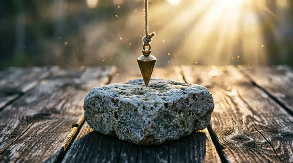  Single rough stone block on weathered wood brass plumb bob with rope hovering above dust particles golden light - slow builder crosses every river (AI-generated illustration)