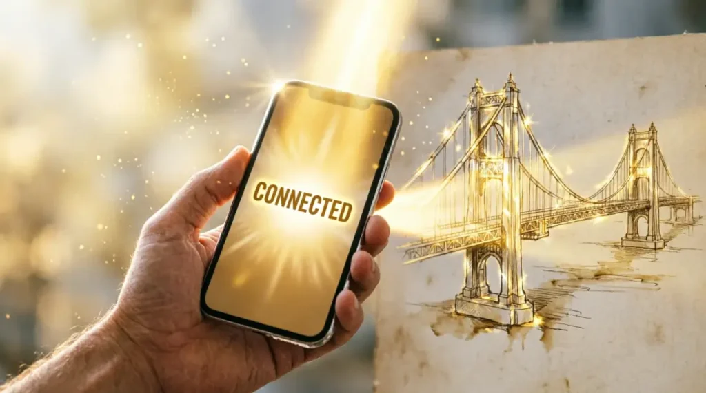 Smartphone glowing connected, hand holding phone, blueprint sketch showing bridge glowing golden(AI-generated illustration)