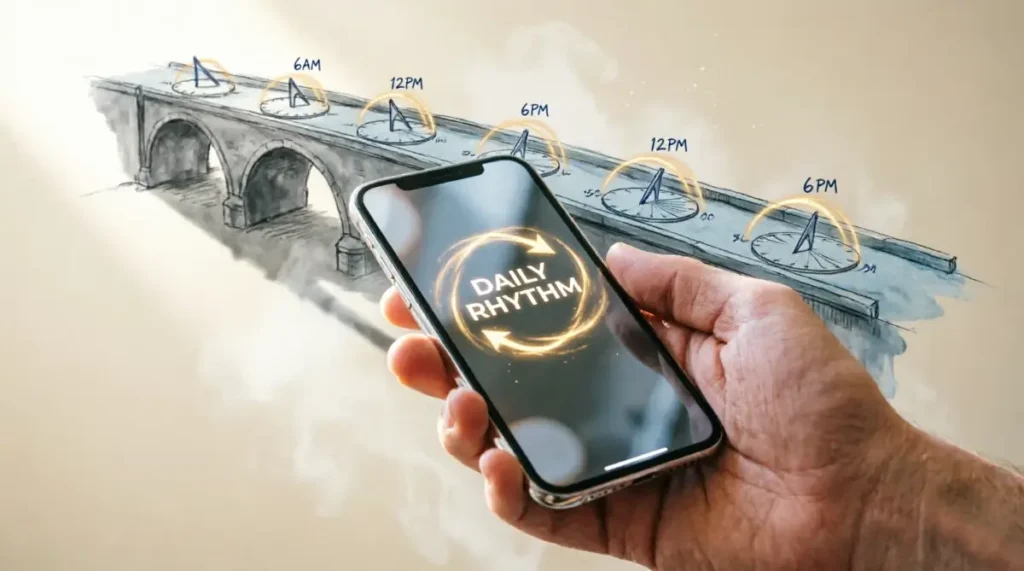 Smartphone with rhythm loop icon, hand in motion, blueprint sketch showing completed bridge (AI-generated illustration)