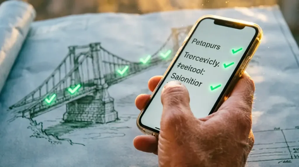 Smartphone showing several text, hand holding phone typing, blueprint sketch showing solid bridge (AI-generated illustration)