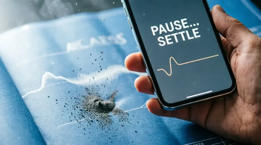 Smartphone displaying "PAUSE... SETTLE" with flattening waveform, hand holding phone relaxed, blueprint line resting (AI-generated illustration)