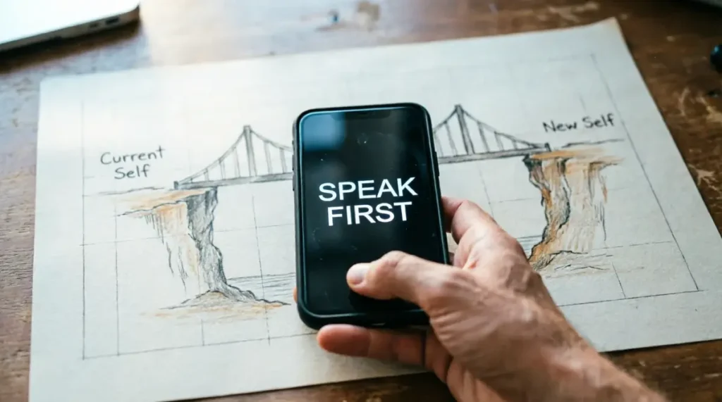 Smartphone showing text"speak first"full Bride Showimg two point (AI-generated illustration)