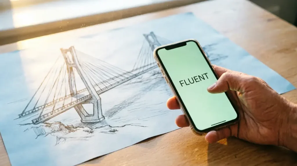 Smartphone showing fluent text, hand holding phone resting, blueprint sketch showing fully built bridge (AI-generated illustration)