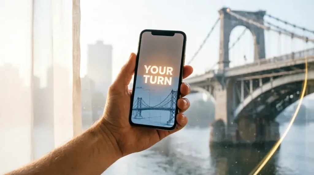 Smartphone showing "your turn" hand pointing, blueprint sketch fading into real bridge connection (AI-generated illustration)