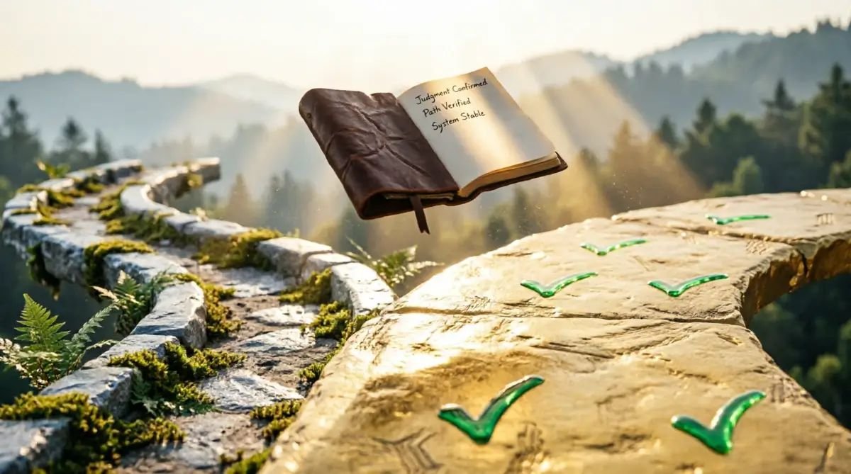 Smooth trailhead, smooth green checkmarks, smooth technical logbook, light-casting shadows, golden sun-like bloom (AI-generated illustration)