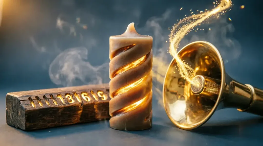 Wax cylinder with multiple spiral golden grooves, wooden tally block with marks, brass funnel with reverse golden particle stream (AI-generated illustration)