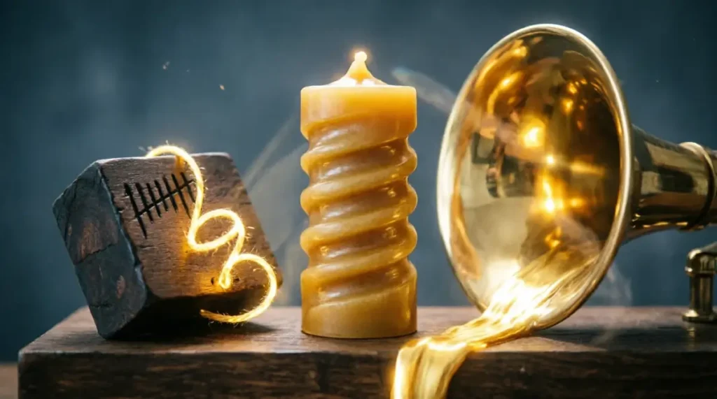 Wax cylinder with spiral pattern, wooden tally block with marks and golden thread, brass funnel with golden flow (AI-generated illustration)