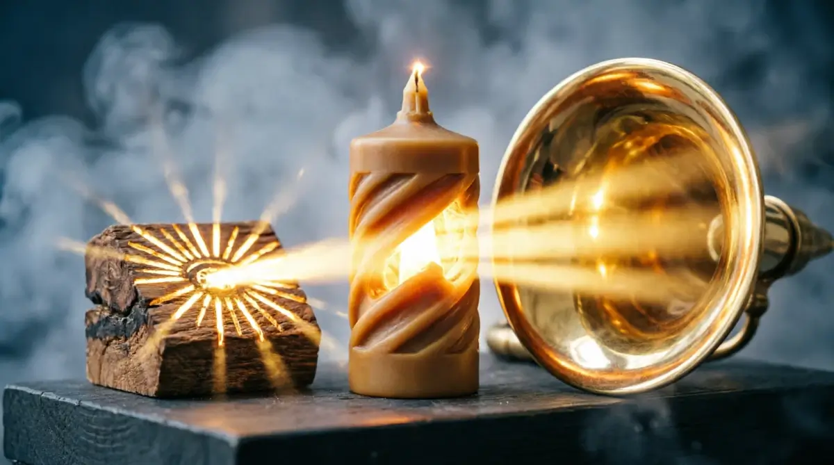 Wax cylinder with spiral golden pattern, wooden block with sunburst pattern, brass funnel with golden beams(AI-generated illustration)
