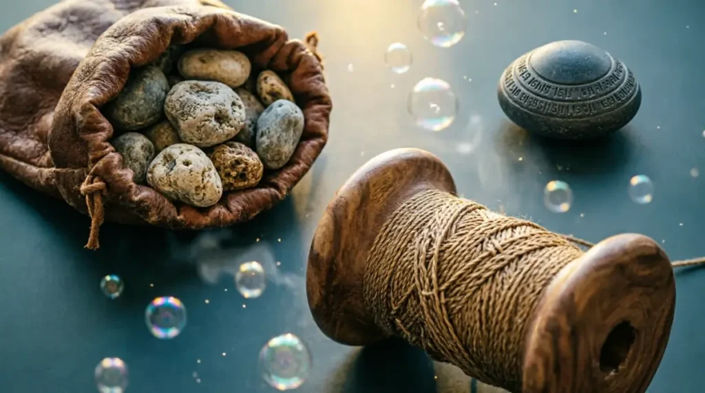 The Best Way to Learn a Language When You Have Little Time 9 Wooden spool with woven threads, leather pouch with pebbles, stone with etched marks in digital bubble (AI-generated illustration)
