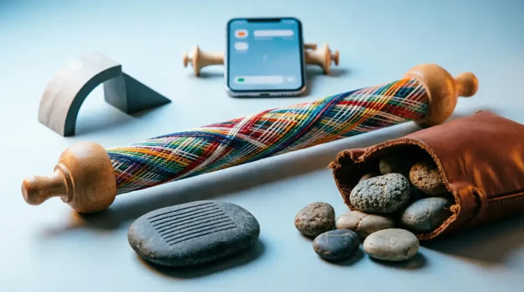 The Best Way to Learn a Language When You Have Little Time 5 Wooden spool with woven threads, leather pouch with pebbles, cellphone, stone with etched marks, abstract shape under dual lighting (AI-generated illustration)
