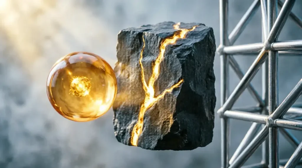 Basalt core with stabilized seams, amber sphere with first particle, titanium lattice locking (AI-generated illustration)
