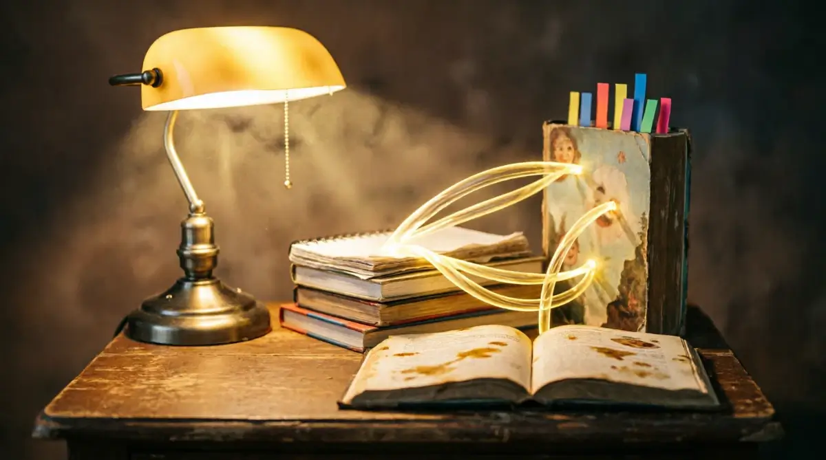 Stack of notebooks and books with colorful tabs, open blank book, brass lamp with golden light threads connecting objects(AI-generated illustration)