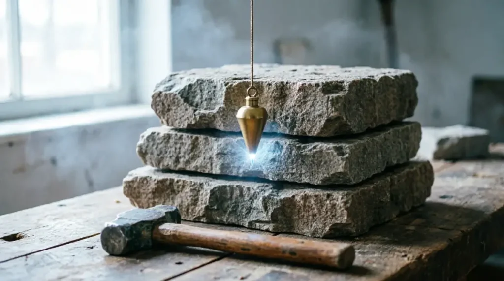 Stacked grey stone blocks on wooden workbench glowing blue-white brass plumb bob tip mason hammer - progress is accumulation not event (AI-generated illustration)