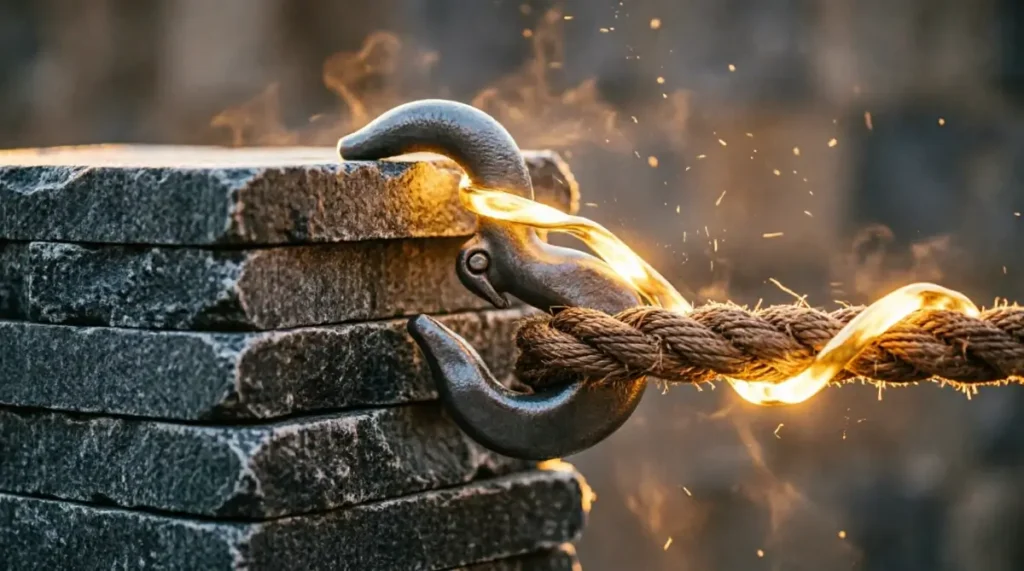 Stacking ledger stones, engaged iron hook, measuring woven cord, golden light flowing at 70%(AI-generated illustration)