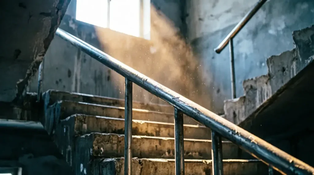 Concrete stairwell with warm sunlight beam illuminating floating dust motes and worn handrail (AI-generated illustration)