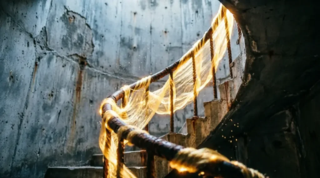 Concrete stairwell with glowing golden light threads spiraling around metal banister (AI-generated illustration)
