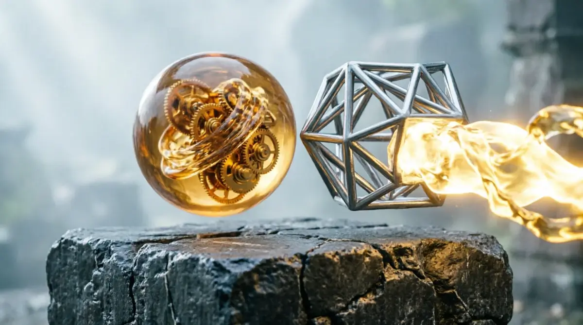 Basalt core foundation, amber sphere complete with patterns, titanium lattice pointing forward (AI-generated illustration)