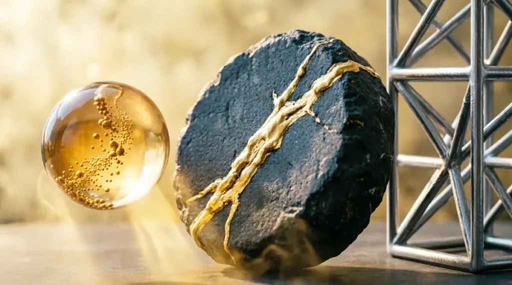 Basalt core steady, amber sphere with upward flowing particles, titanium lattice aligning (AI-generated illustration)