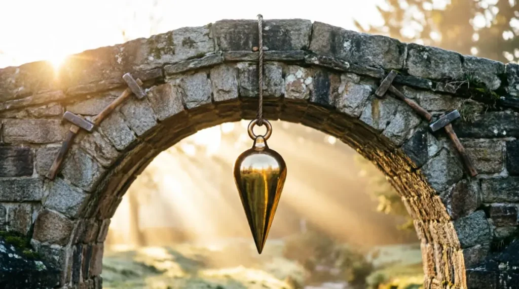  Stone arch bridge with large brass plumb bob hanging from center small mason hammers embedded in stones golden sunlight mist(AI-generated illustration)