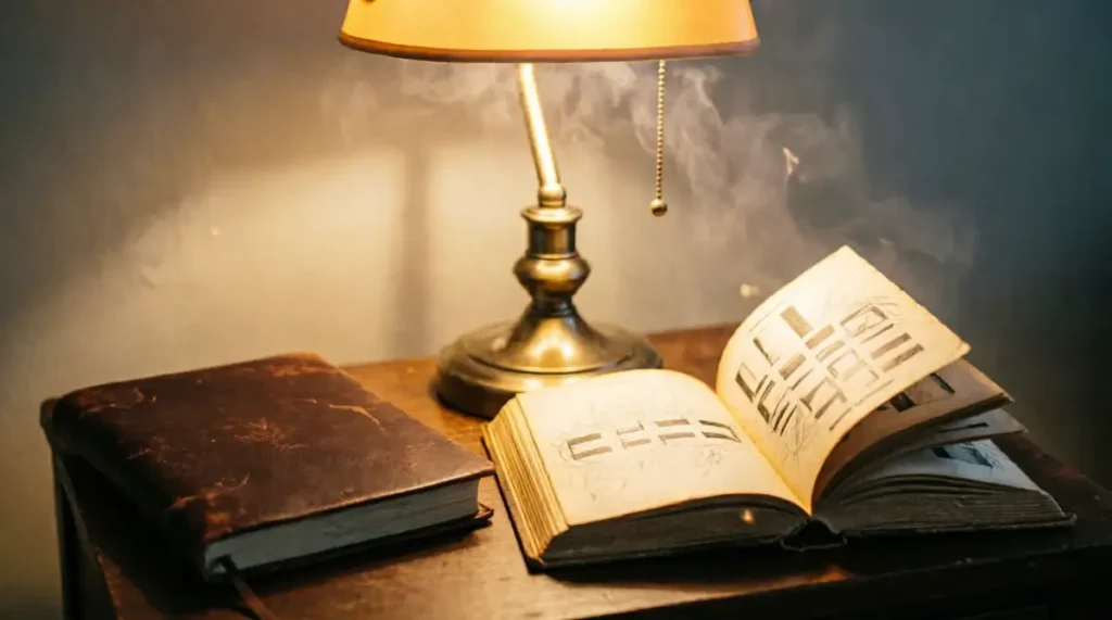 Closed brown leather book beside open book with blank pages, steam rising in warm amber light from brass lamp, atmospheric haze(AI-generated illustration)