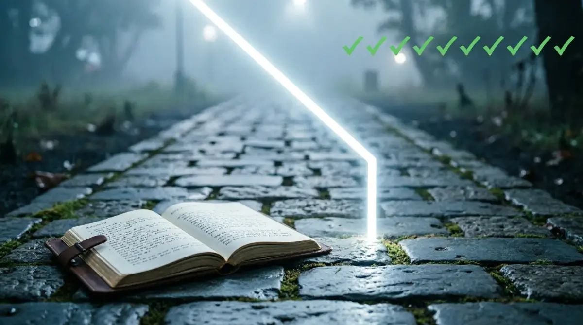 Structured trailhead, patterned green checkmarks, filling technical logbook, bending light beam (AI-generated illustration)