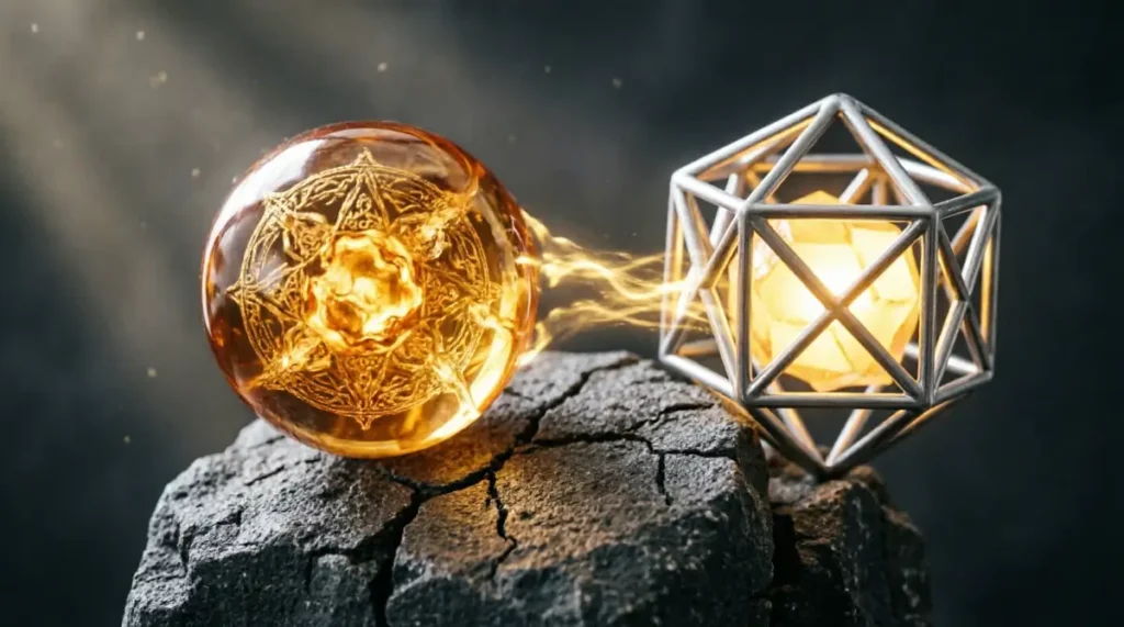 Basalt core supporting, amber sphere crystallizing with patterns, titanium lattice steady glow (AI-generated illustration)