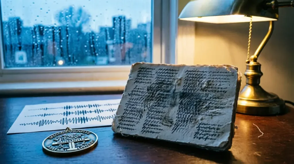 Tally card with accumulated hash marks, waveform print with organized patterns on desk under dual lighting: warm lamp and cool window (AI-generated illustration)