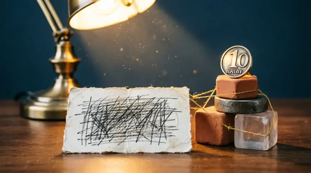 Tally card with accumulated marks, stacked abstract geometric shapes, milestone token atop stack under concentrated warm lamp (AI-generated illustration)