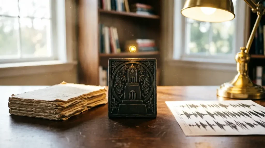 Stack of tally cards showing accumulated practice and milestone token with engraved pattern on desk under dual lighting with room context (AI-generated illustration)