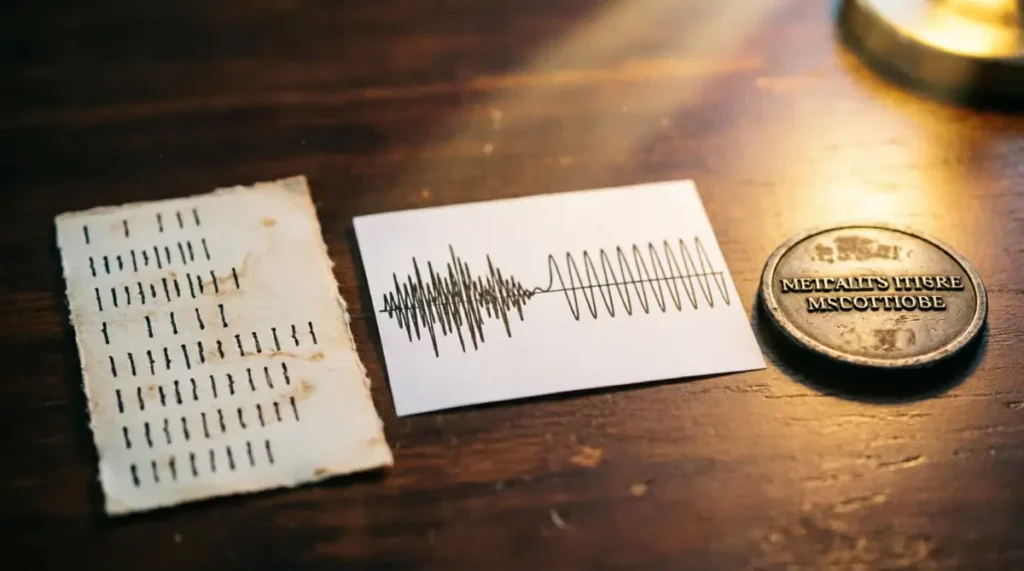 Tally card with transitioning hash marks, waveform print organizing patterns, milestone token becoming defined under warm light (AI-generated illustration)