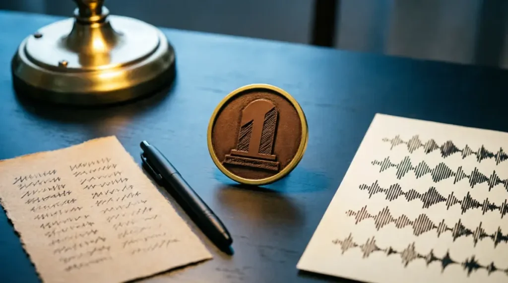 Tally card with consistent hash marks, waveform print with organized patterns, milestone token on minimal desk under directional lamp (AI-generated illustration)
