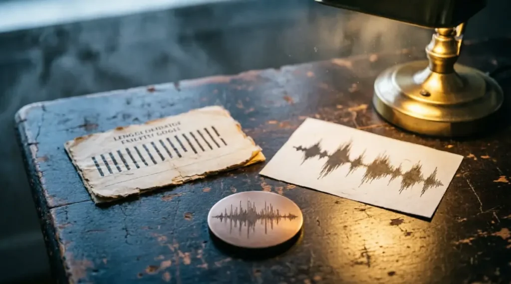 Language progress tally card with hash marks, waveform print with sound patterns, milestone token on desk under lamplight (AI-generated illustration)