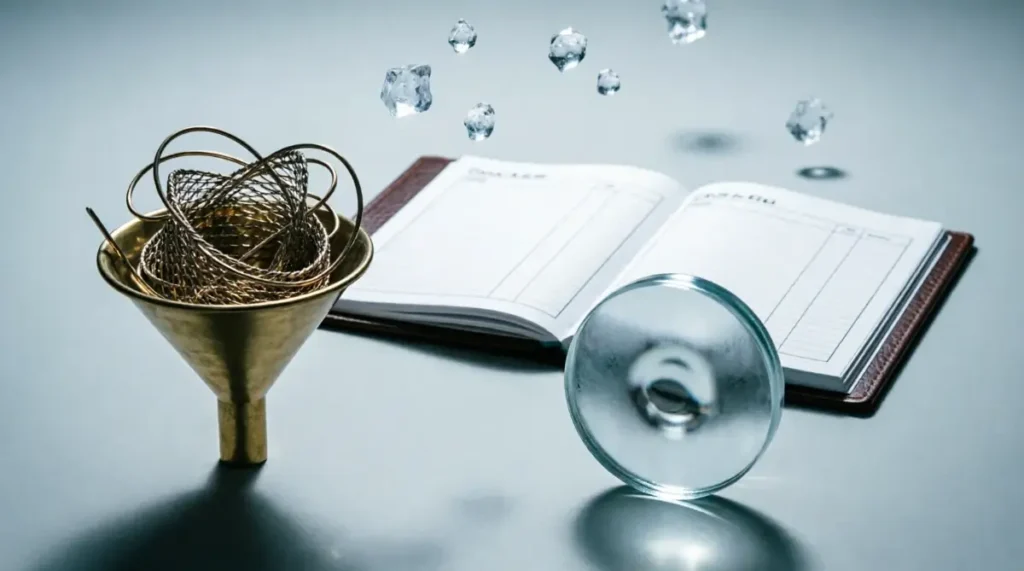 Brass funnel tangled mesh, leather ledger blank columns, glass lens fogged aperture, frozen decision particles mid-air(AI-generated illustration)