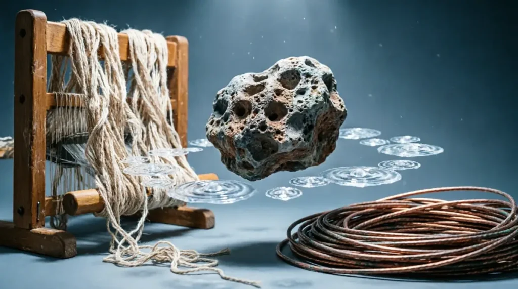 Wooden loom tangled threads, isolated porous stone, tangled copper coil, frozen sound wave particles mid-air(AI-generated illustration)